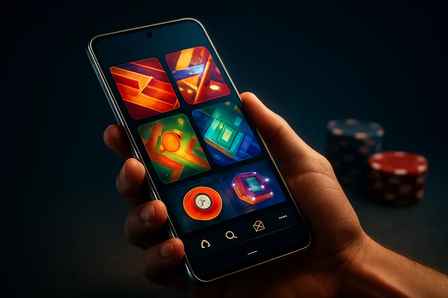 Hyperrealistic flagship Android phone showing vivid casino app interface in studio lighting