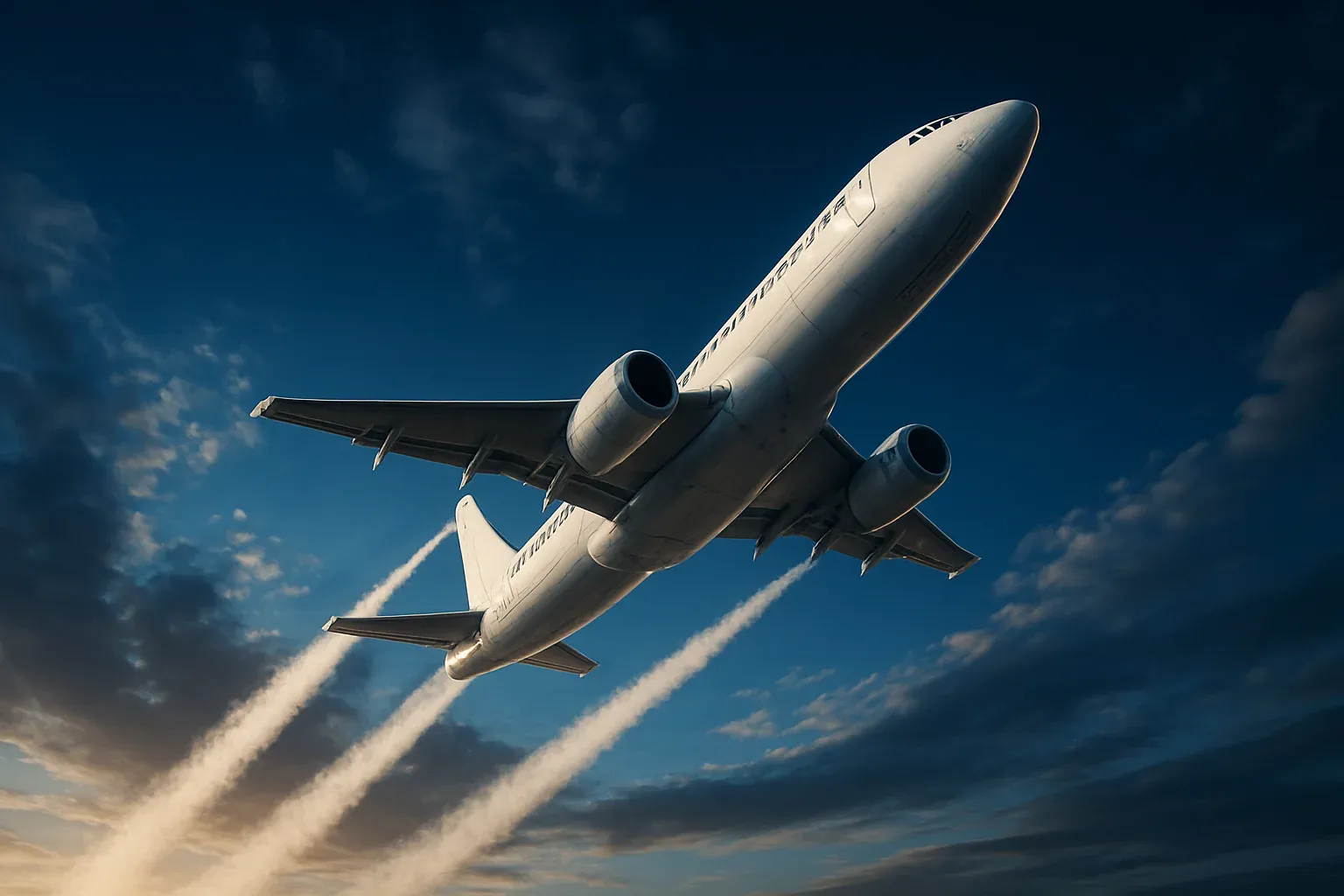 Hyperrealistic white jet climbing steeply in deep blue sky with contrails
