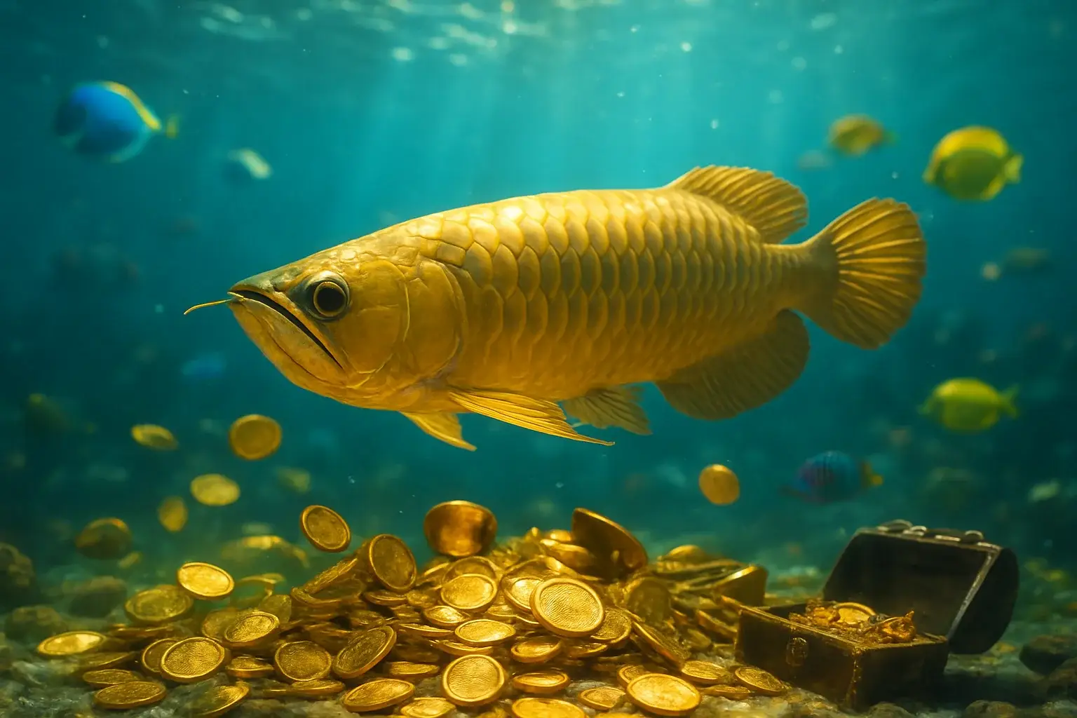 Hyperrealistic underwater golden dragon fish surrounded by glowing coins and treasure