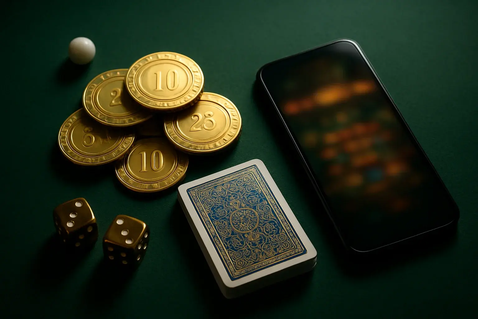 Top-down casino table with golden chips, cards, dice, roulette ball, smartphone