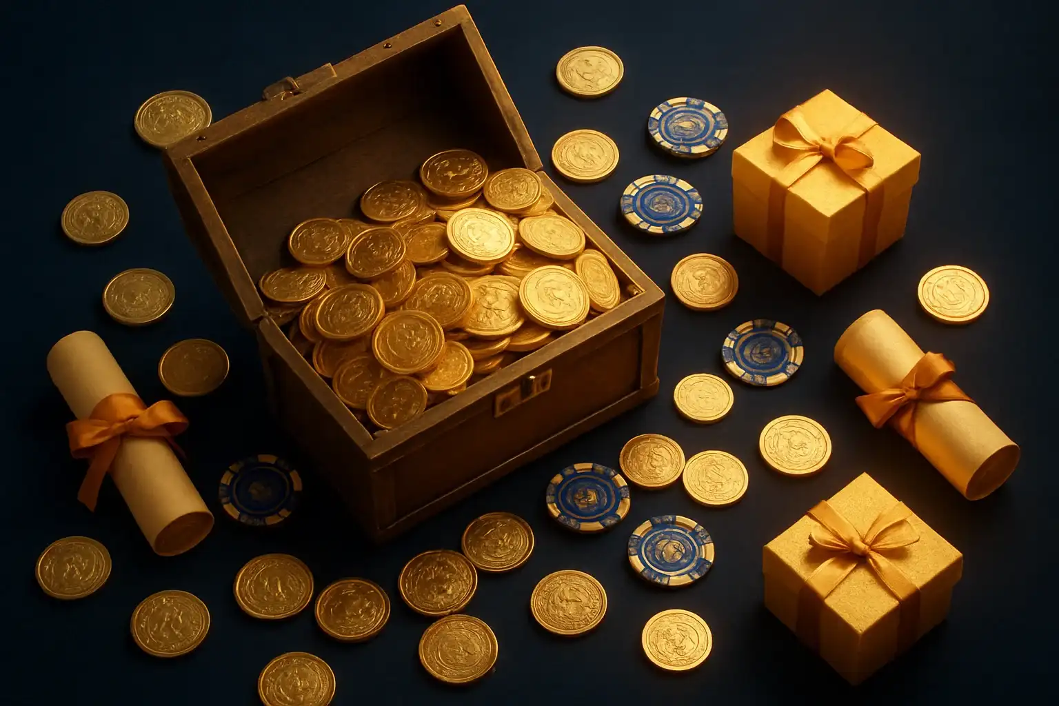 Overflowing treasure chest with gold coins, casino chips, vouchers, and gift boxes