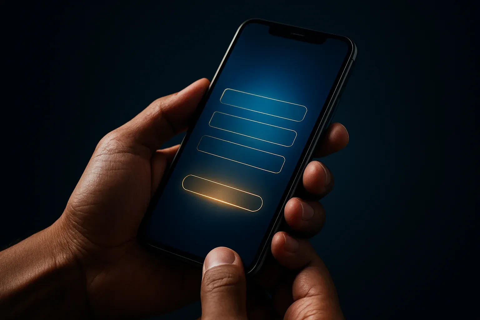 Filipino man hands holding smartphone with blurred registration screen, blue gold glow