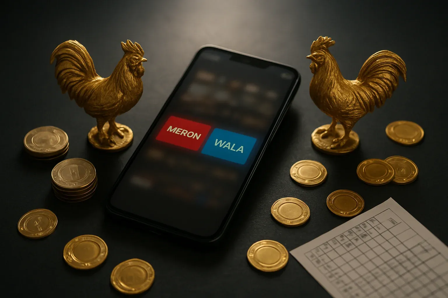 Smartphone sabong betting interface with golden roosters, peso coins, and casino chips