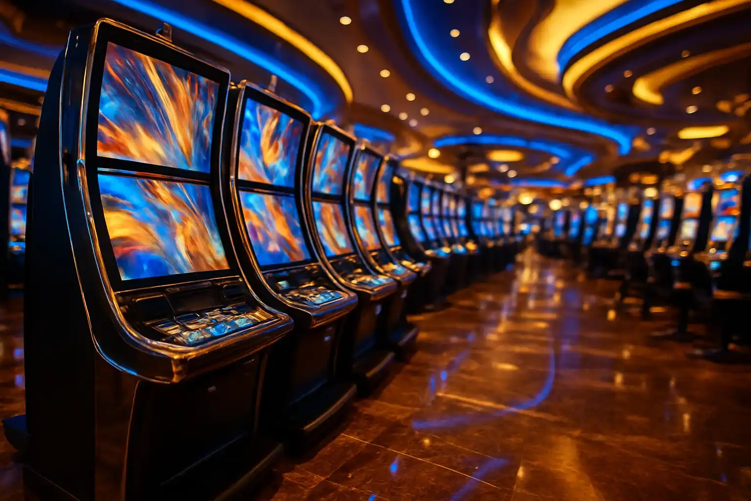 Hyperrealistic wide shot of Manila casino slots floor with blue gold lighting